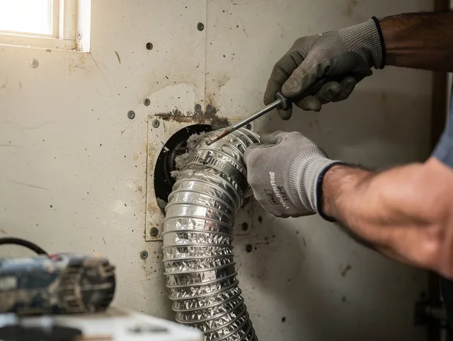 Hialeah Dryer Vent Cleaning technician performing precise dryer vent hose installation in Hialeah